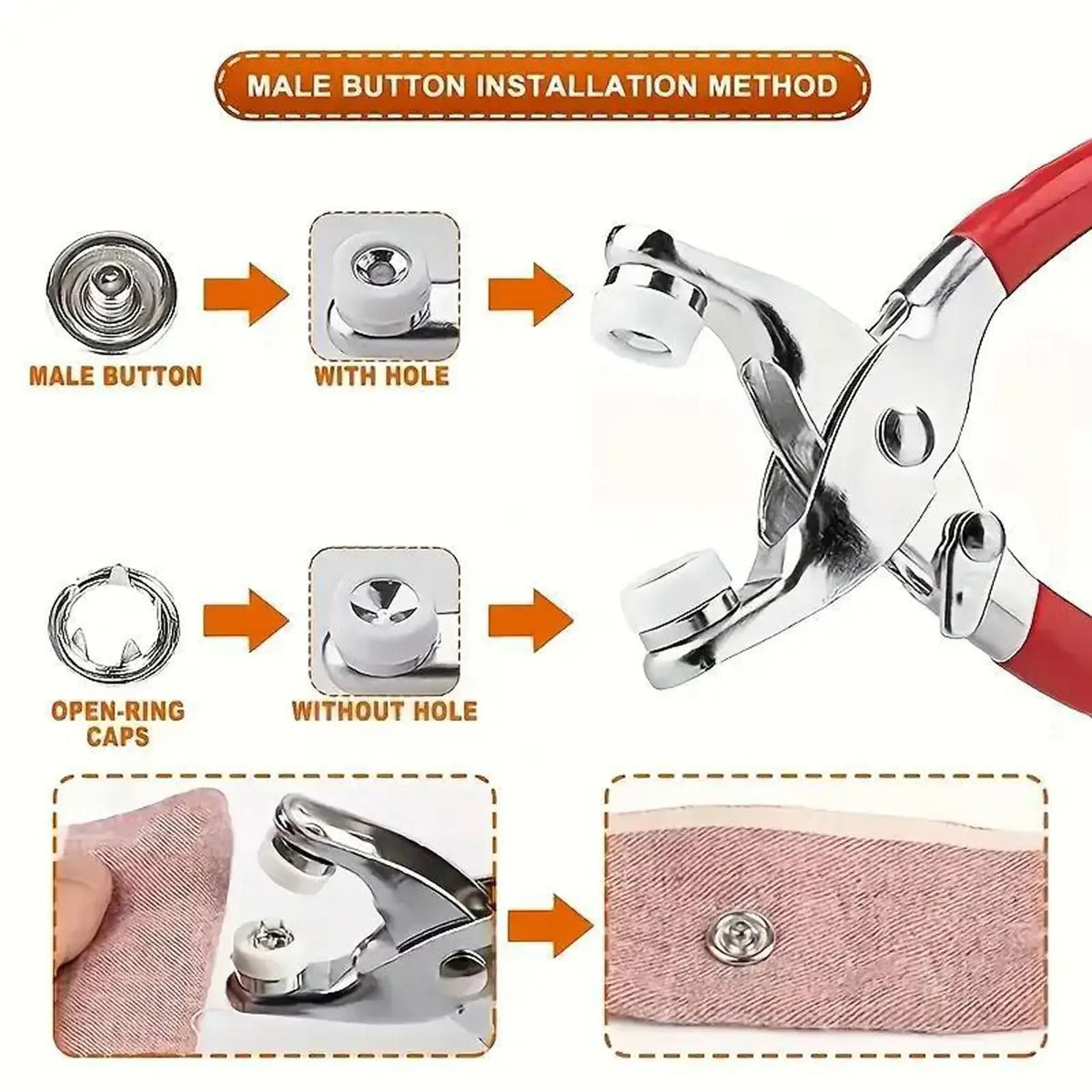 A set of metal snap buttons and a press tool for installation, shown with various components.