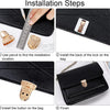 Installation steps showing how to install metal bag lock clasps on a black fabric bag.