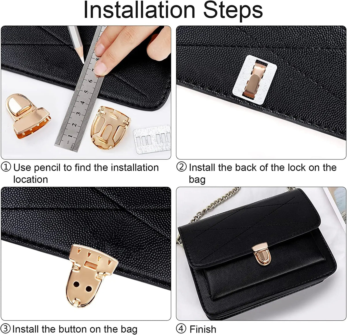 Installation steps showing how to install metal bag lock clasps on a black fabric bag.