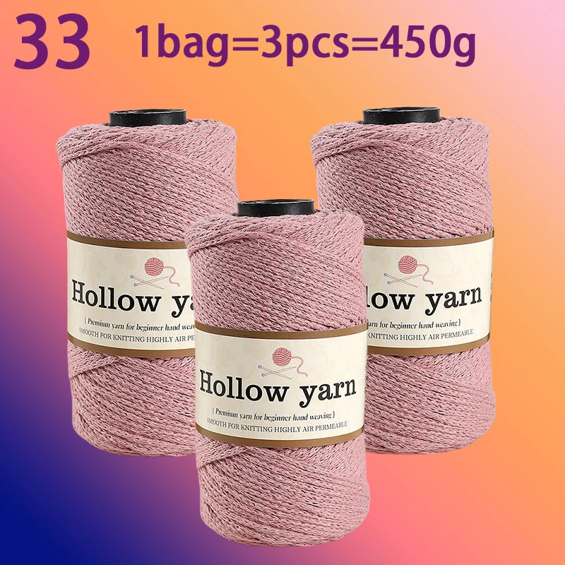 Three spools of pink hollow yarn, 1 bag equals three pieces, totaling 450g for knitting and crochet.