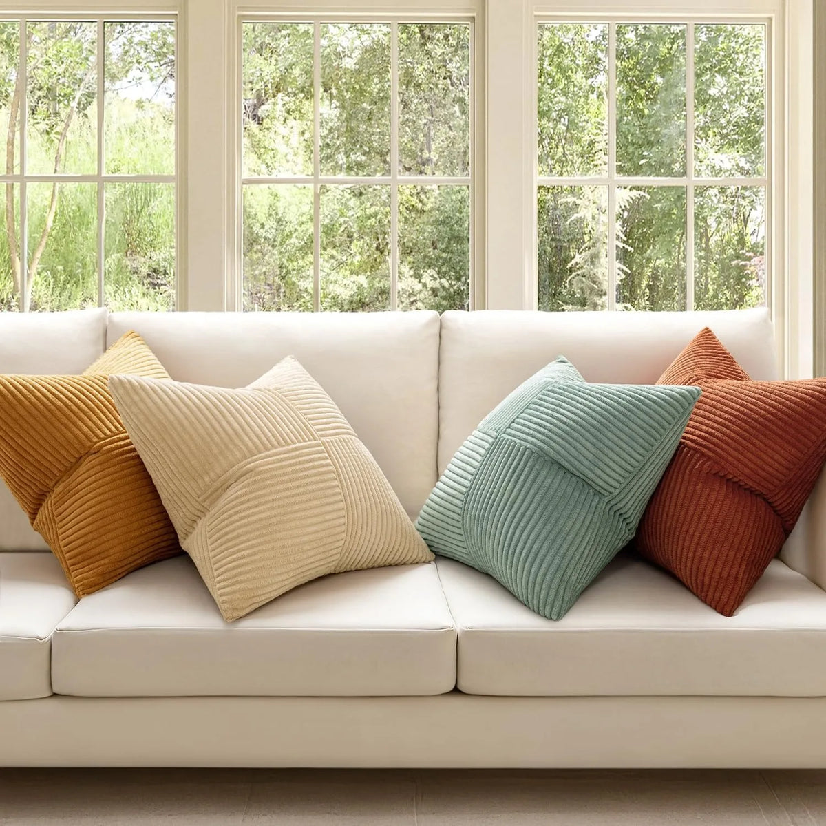 A set of four neutral corduroy throw pillow covers with a patchwork design displayed on a white sofa.