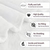 A white plush throw blanket is shown with features highlighting fluffiness, high quality stitching, no pilling, and gentle du