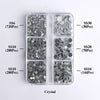 A clear plastic container holds various sizes of silver glass rhinestones categorized by SS6, SS10, SS10, SS30, SS20, and SS1