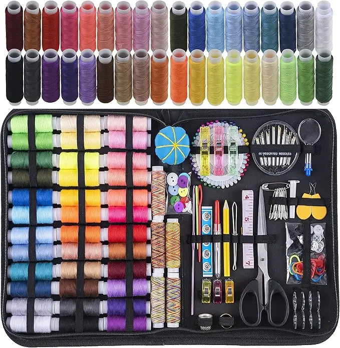 A collection of various threads, needles, and sewing tools organized in a black case for DIY sewing projects.