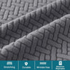 Close-up texture of a gray stretch jacquard dining bench cover fabric showing woven patterns and features like stretching, du