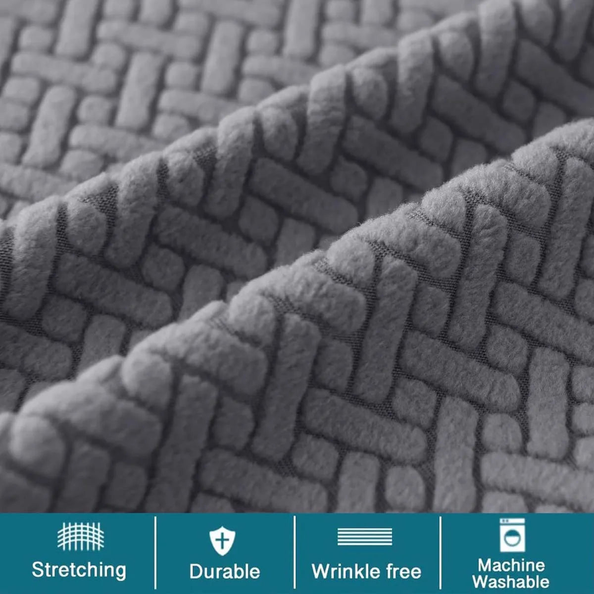 Close-up texture of a gray stretch jacquard dining bench cover fabric showing woven patterns and features like stretching, du
