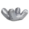 A soft, silver satin anti-wrinkle pillow shaped like a stylized letter or animal for beauty and sleep.