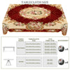Elegant floral tablecloth with vintage rose print featuring red and gold tones.