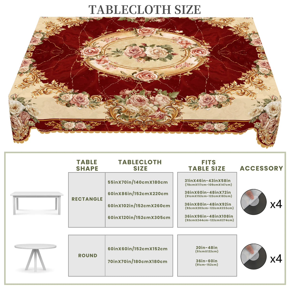 Elegant floral tablecloth with vintage rose print featuring red and gold tones.
