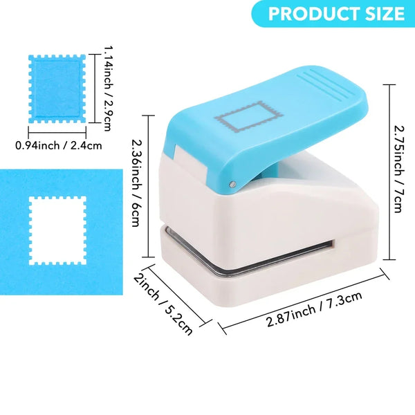 A light blue precision embossing and punching tool set with measurements displayed.