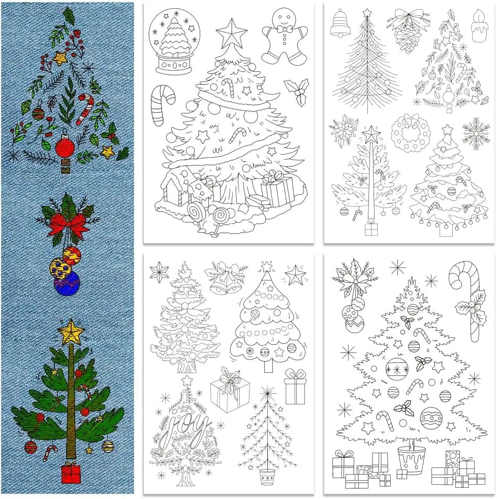 A set of black and white line drawings for Christmas embroidery stabilizers featuring various tree, ornament, and festive mot