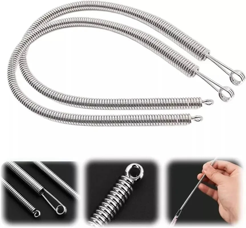 A set of silver spring drawstring sewing threaders shown in various forms and usage examples.