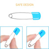 Stainless steel diaper pins with blue safety locking closures shown in various angles