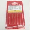 A package of Singer sewing needles in a red plastic case with yellow labeling and a red background.