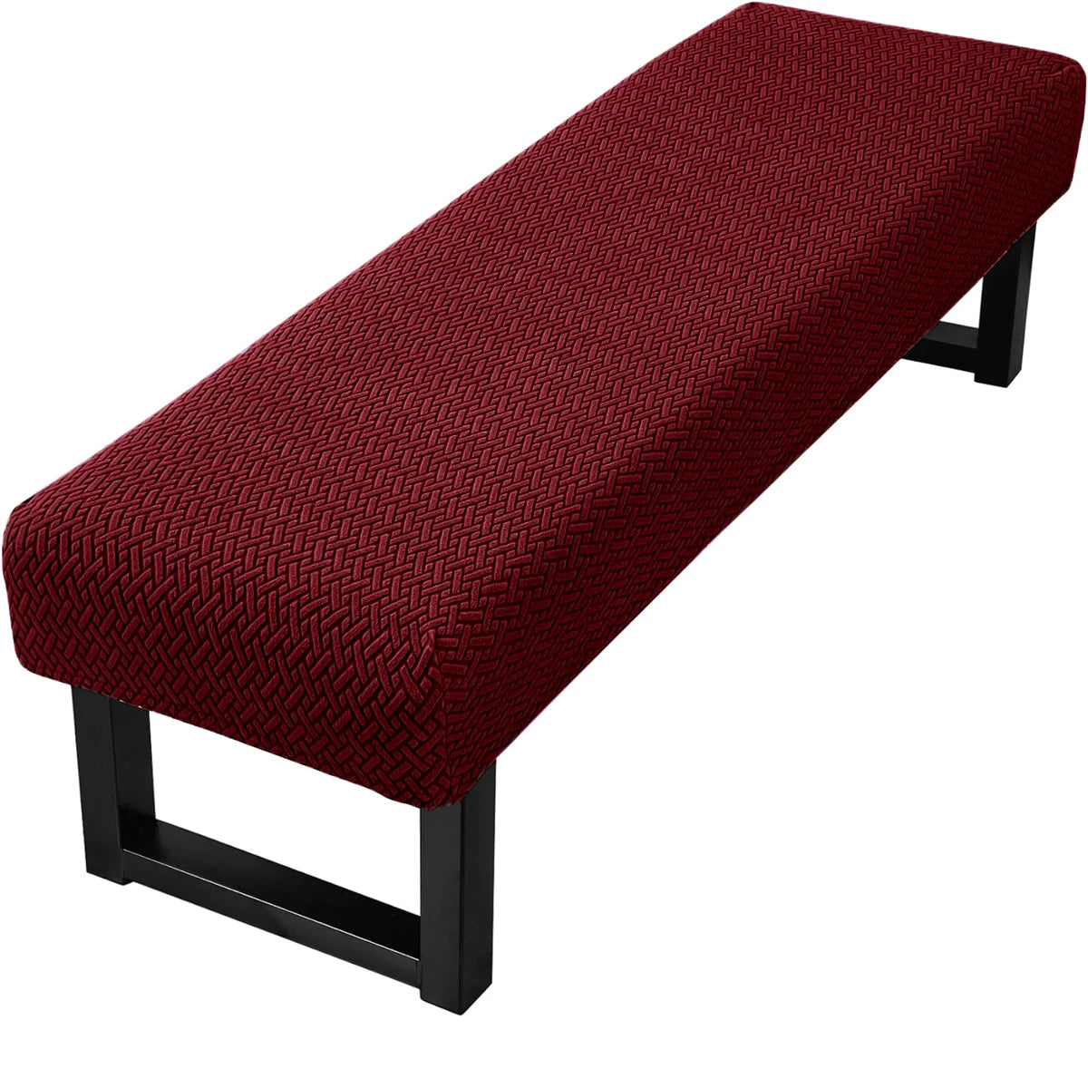 A deep red stretch jacquard dining bench cover with a black frame.