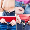 Close-up images showing a metal button extender being used to open and close buttons on denim pants and jeans.