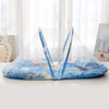 A blue and white foldable baby mosquito net sleeping tent with a transparent mesh cover.