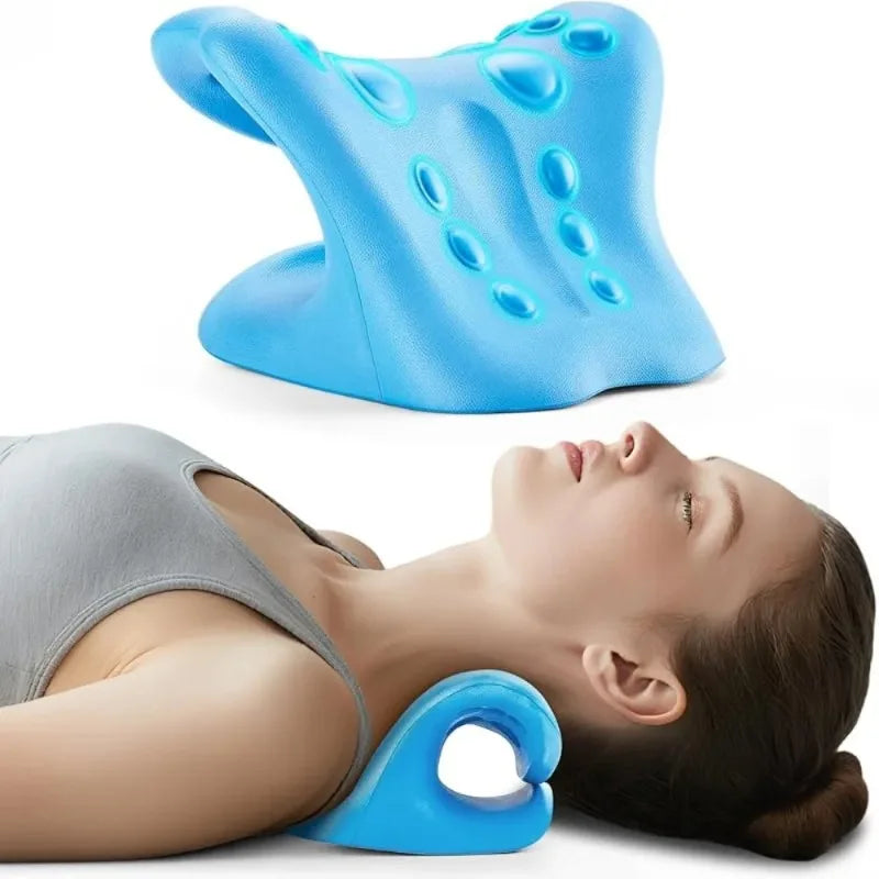 A blue natural bamboo neck stretcher used for relaxation, shown in a close-up view.