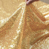 Close-up of a golden sequin fabric being held, showing shimmering texture and sparkle.