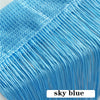 Close-up of sky blue thread curtain tie-back material showing fine parallel fibers.