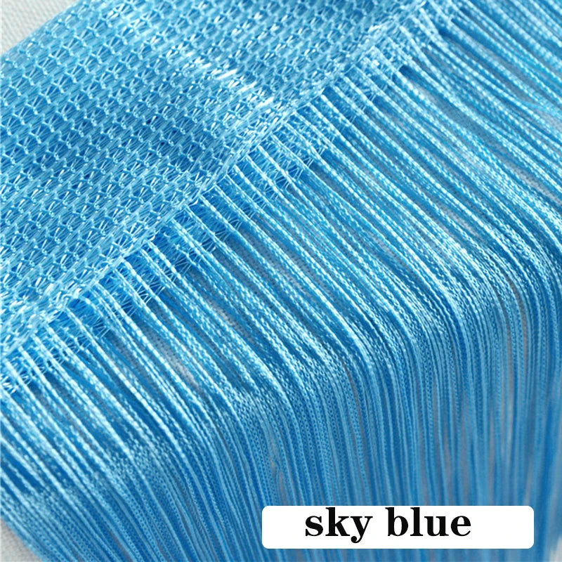Close-up of sky blue thread curtain tie-back material showing fine parallel fibers.