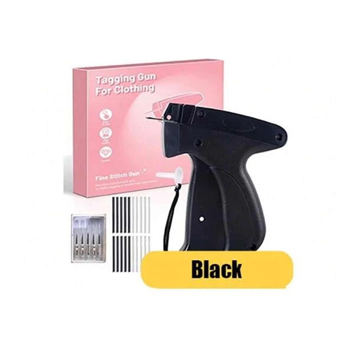 Black tagging gun for clothing shown next to its packaging box
