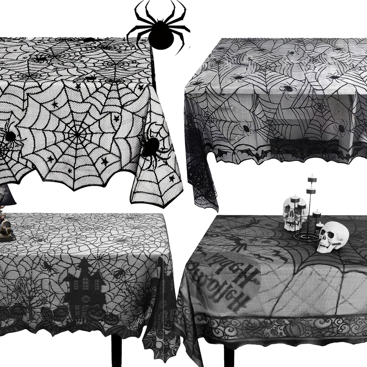 Black spider web lace table runner displayed on a table with a spider above it.
