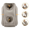 Gray inflatable travel neck pillow with chin support shown in various usage angles.