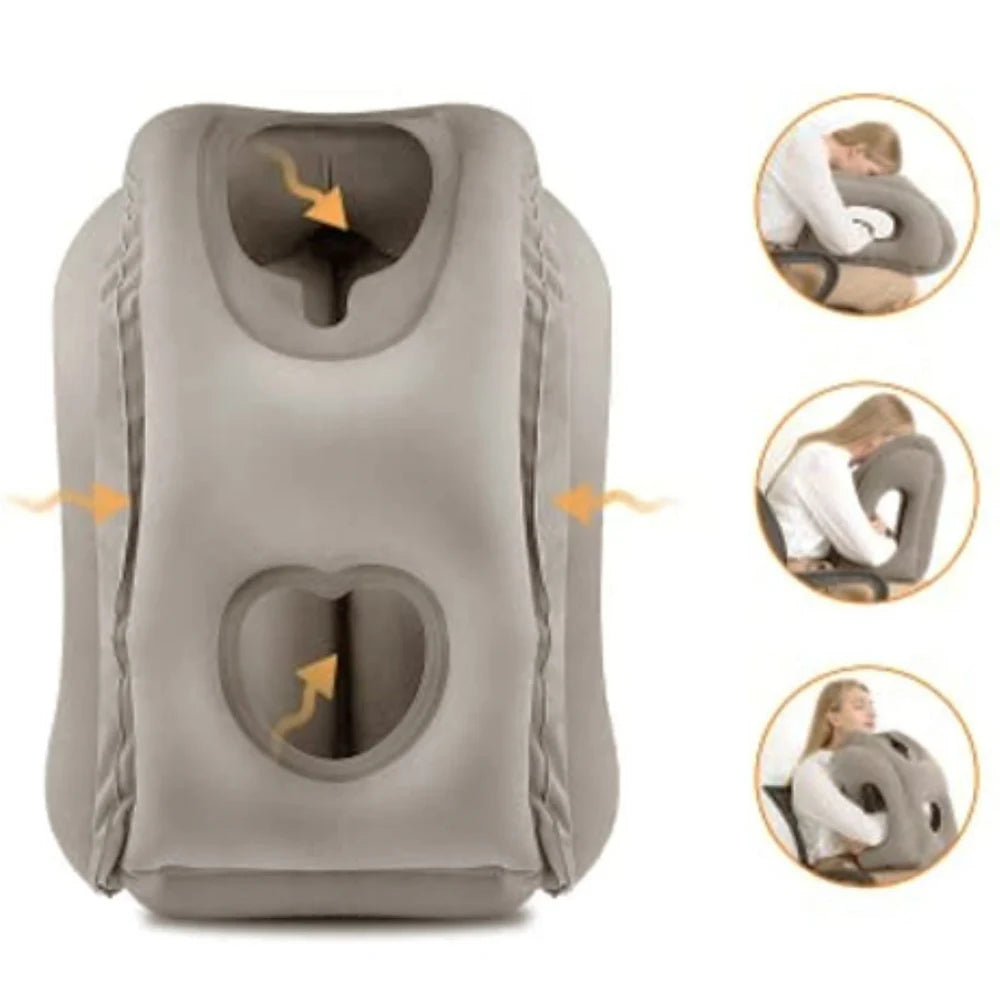 Gray inflatable travel neck pillow with chin support shown in various usage angles.