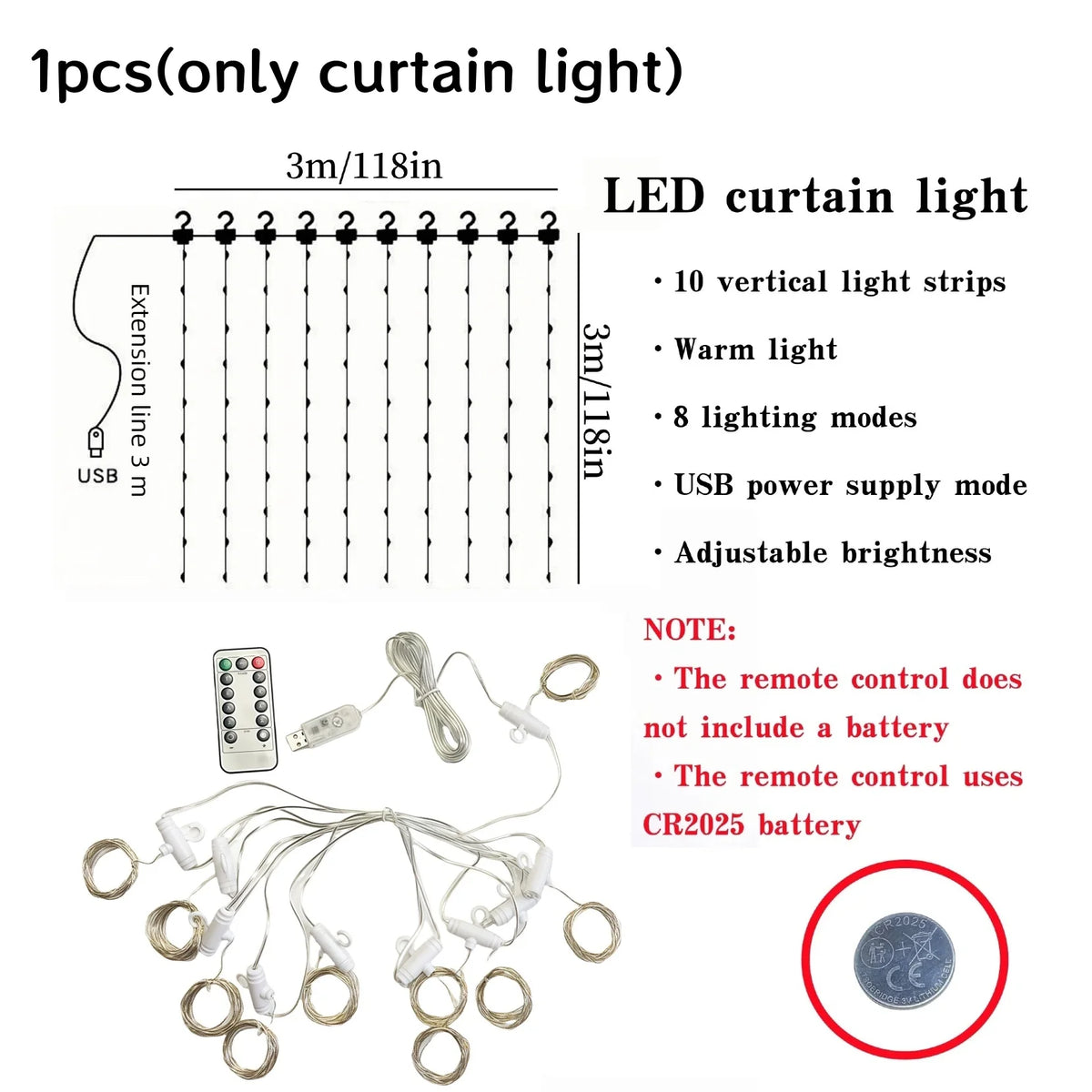 LED curtain light featuring 10 vertical light strips and adjustable brightness with a remote control.