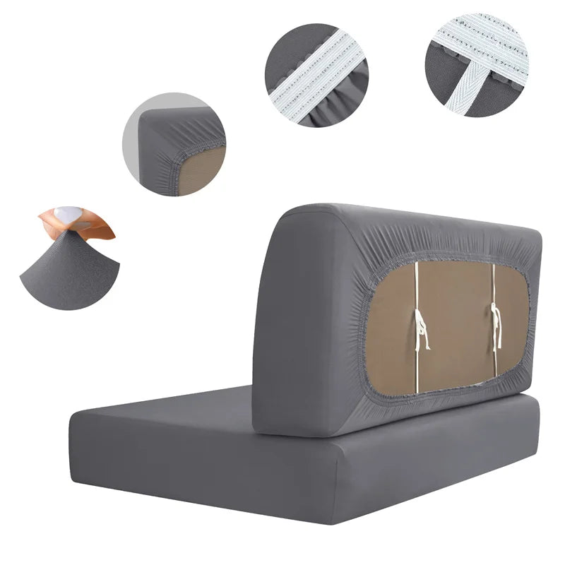 Gray stretch seat covers for an RV dinette seat, shown with various fabric samples and the finished product.