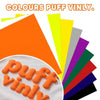 A collection of colorful puff vinyl sheets in various shades including orange, yellow, green, purple, and black.