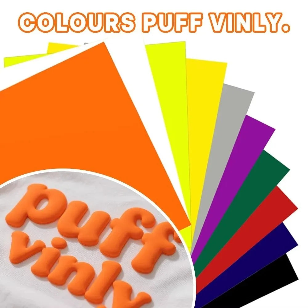 A collection of colorful puff vinyl sheets in various shades including orange, yellow, green, purple, and black.