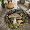A round rug featuring a detailed illustration of various mushrooms and forest greenery.