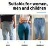 Three pairs of denim jeans shown on models representing men, women, and children.
