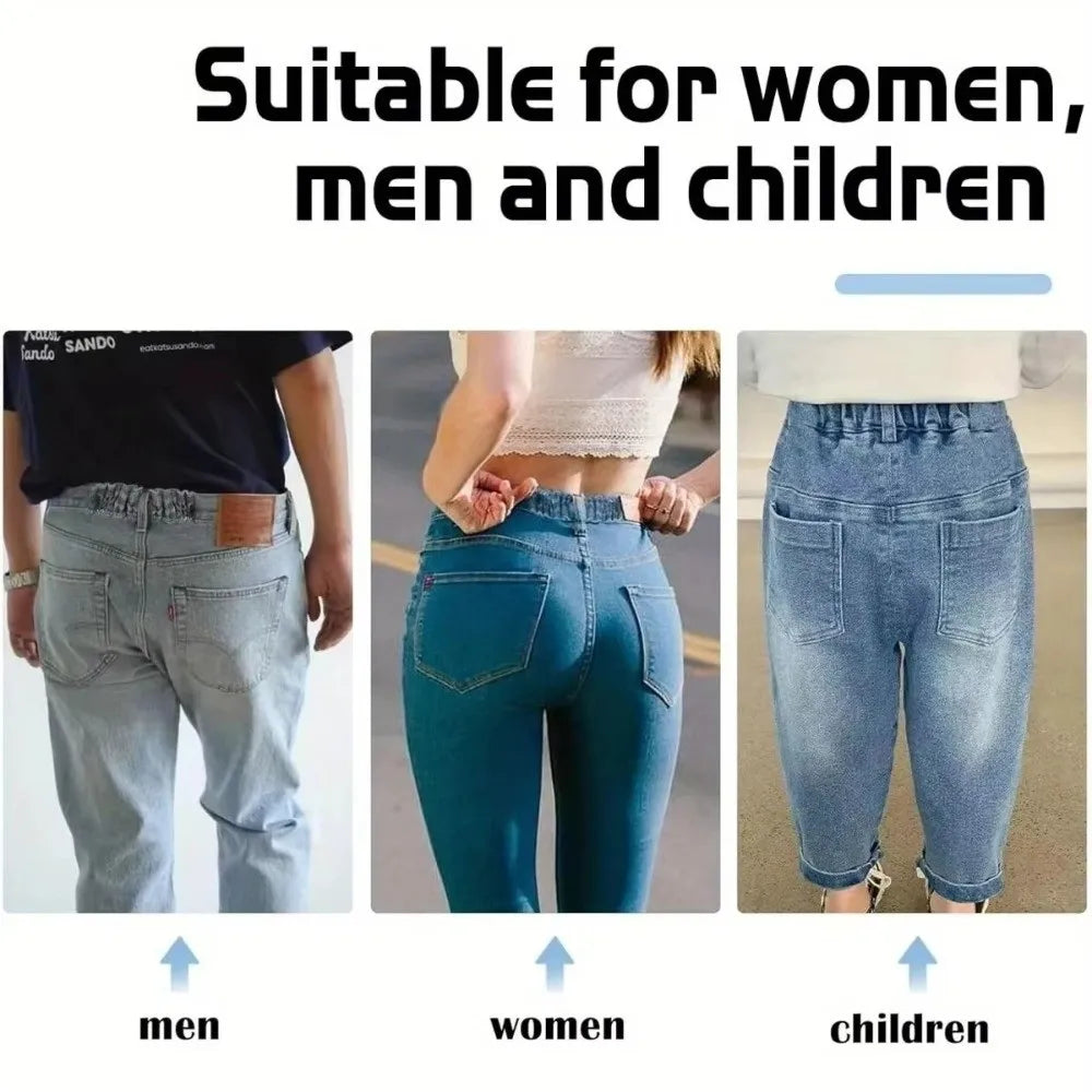 Three pairs of denim jeans shown on models representing men, women, and children.