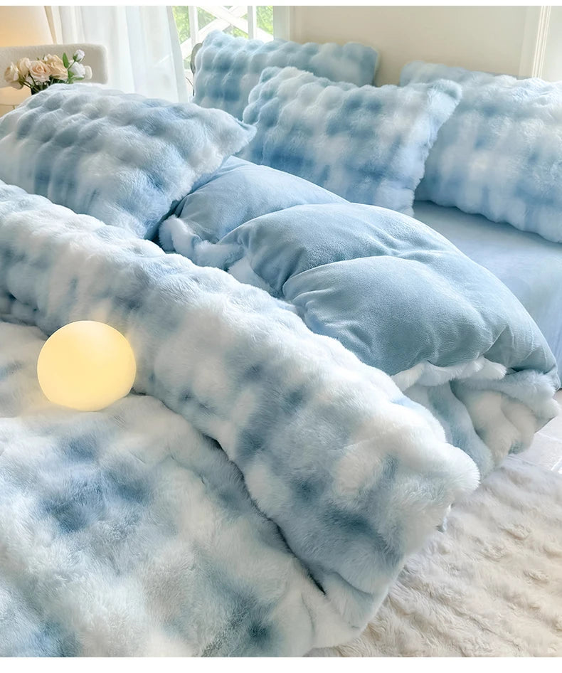 A light blue and white plaid fleece duvet cover with fluffy texture displayed on a bed.