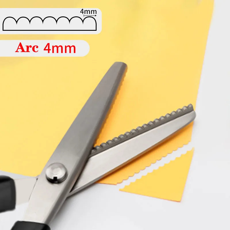 A pair of professional stainless steel tailor's shears with a 4mm arc measurement shown on a yellow background.