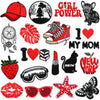 A collection of custom embroidered iron-on patches featuring text like GIRL POWER, I MY MOM, and various decorative elements.