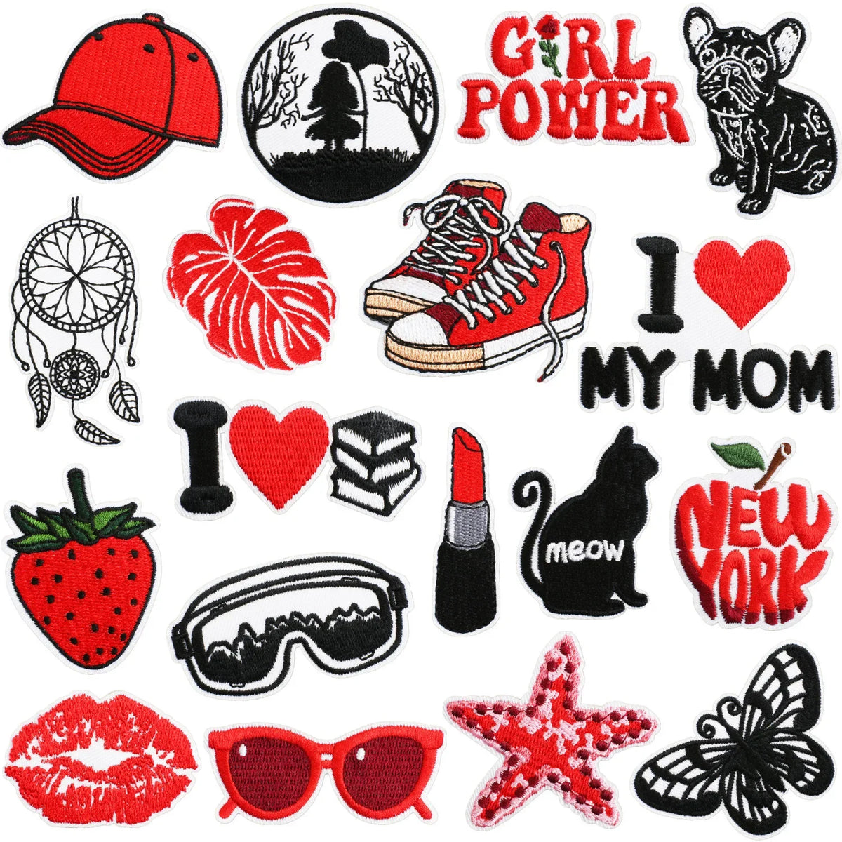 A collection of custom embroidered iron-on patches featuring text like GIRL POWER, I MY MOM, and various decorative elements.
