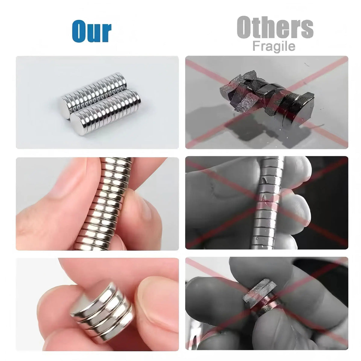 Close-up view of silver magnetic fridge magnets, showing various sizes and applications.