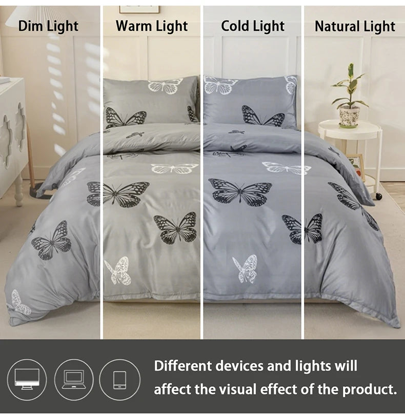 A set of butterfly print duvet covers shown in four light settings: dim, warm, cold, and natural light.