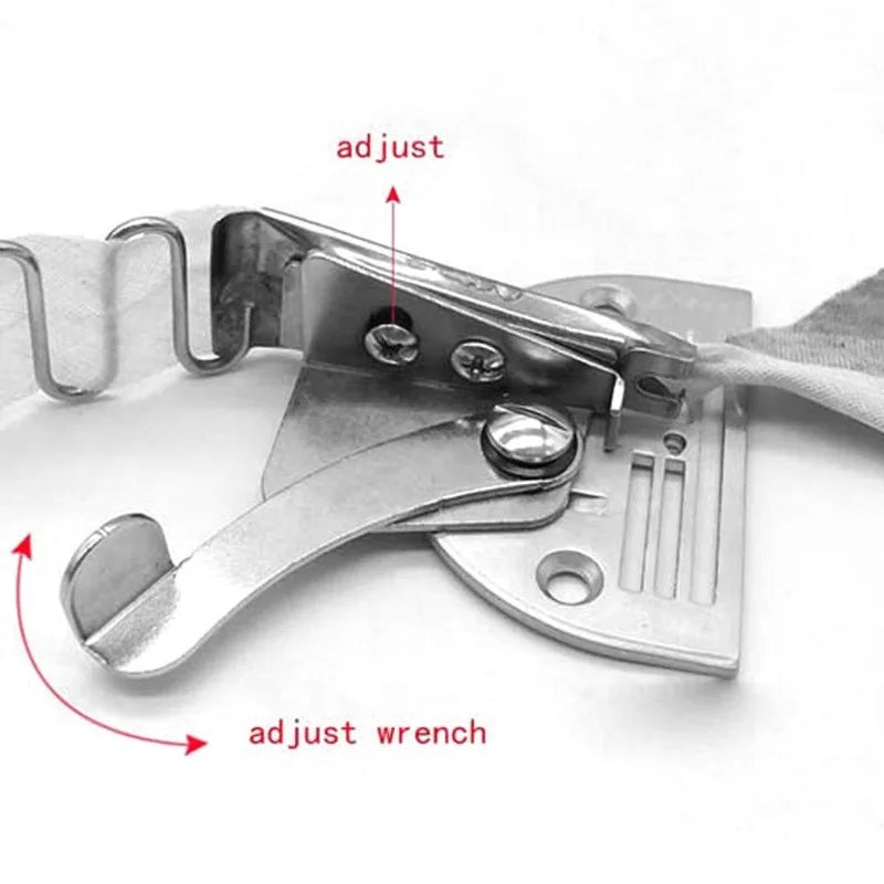 A close-up of an adjustable curve edge bias binder tool used for sewing machines, showing adjustment points.