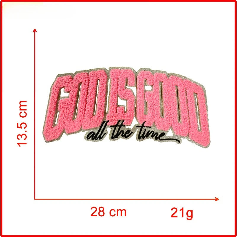 Pink felt embroidery patch with the text GODSEED all the time