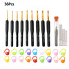A set of 36 ergonomic gold crochet hooks in various colors and sizes for yarn craft