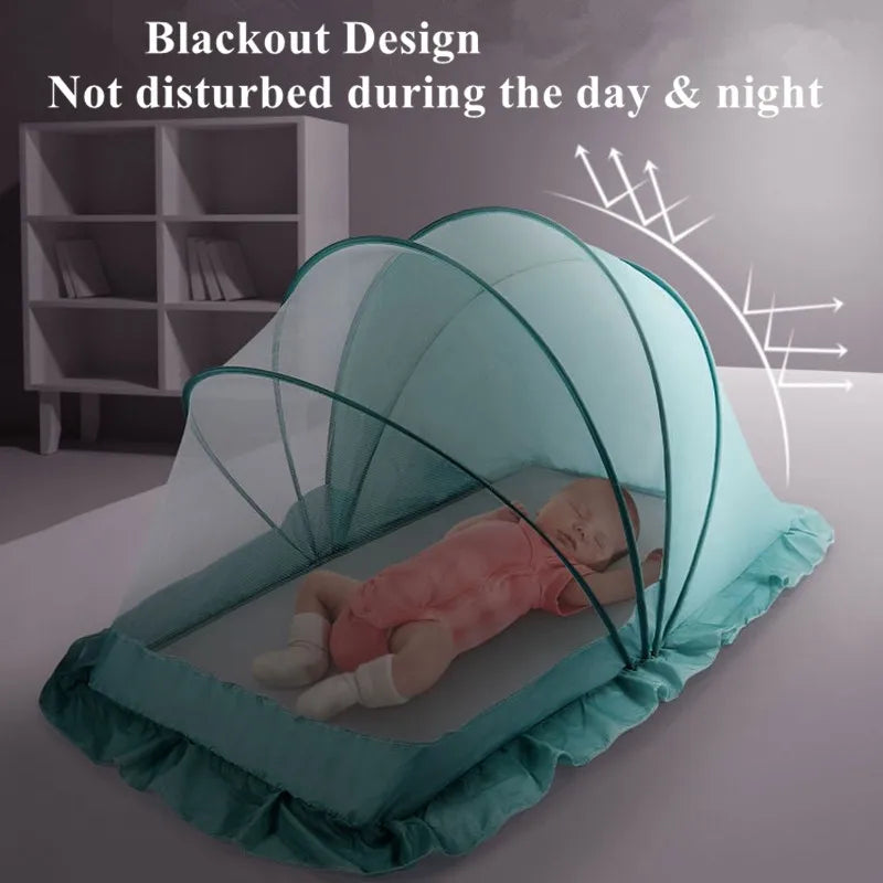 A foldable mosquito net design protecting an infant lying inside a crib for undisturbed sleep.
