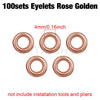A set of 100 rose golden eyelets measuring 4mm or 0.16 inch.