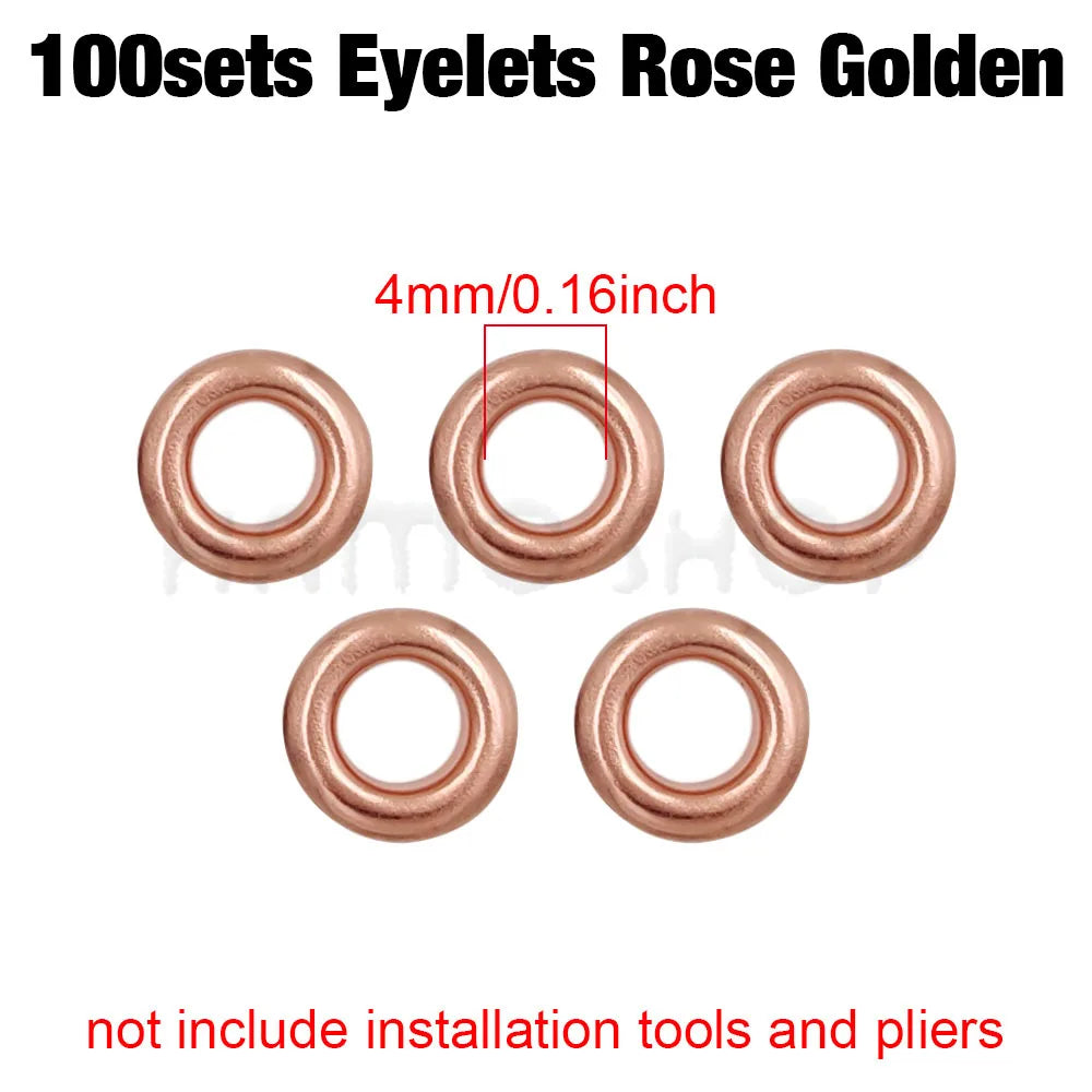 A set of 100 rose golden eyelets measuring 4mm or 0.16 inch.