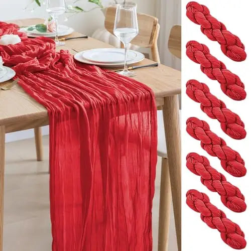 Red boho brown cheesecloth table runner for weddings and home decor