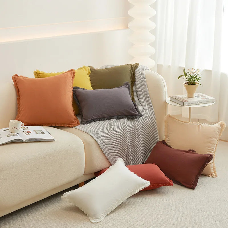 Washed Cotton Solid Cushion Cover with Tassel Fringe